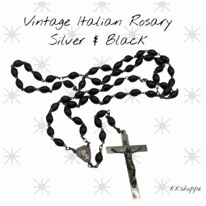 Antique Italian Black Rosary Beads with Silver Crucifix and Miraculous Medal